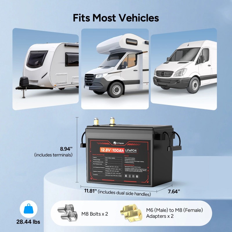 Dr.Prepare 12V 100Ah LiFePO4 Lithium Battery - Compact Size