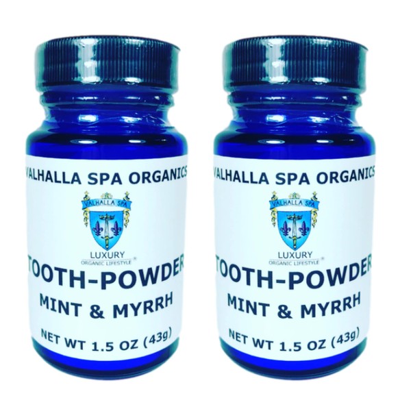 Tooth Powder with Mint and Myrrh Gum | Natural Toothpaste | Fluoride Free | Whitening | Polishing | Valhalla Spa Organics 1.5 oz (2 Pack)