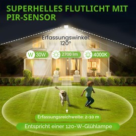 Aigostar 30 W LED Spotlight with Motion Sensor Outdoor, 2700 lm, 4000 K, Natural White Outdoor Spotlight, IP65 Waterproof Spotlight, Outdoor Light for Garden, Courtyards, Garage, Hotel