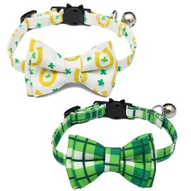 HKYLRAT 2 Pack St. Patrick Day Cat Collar with Bow Tie, Green Shamrock Pattern Kitten Collar with Removable Bowtie, Pet Kitten Cats (Green White)
