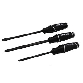 GRIP 3 pc Professional Striking Screwdriver Set - Solid Steel Cap - Go-Thru Blade - 5/16” x 8” flat screwdriver, 3/8” x 8” flat screwdriver, #2 x 6” phillips screwdriver