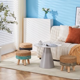 Cpintltr Ottoman Natural Seagrass Footrest Poufs Hand Weave Round Foot Stool for Couch Desk Soft Step Stool Padded Foot Rest with Pine Legs for Living Room Bedroom Natural/Black