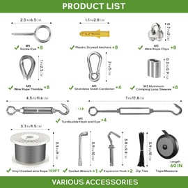 KALLSDY 1/8" Wire Rope Kit, 100FT Steel Wire Cable, Vinyl Coated Stainless Steel Cable with Turnbuckles for Outdoor, Garden, Kitchen and Craft Projects