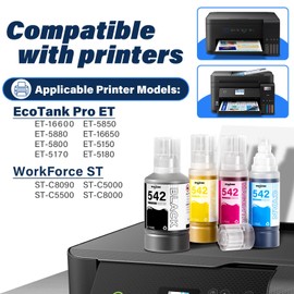 Spaceink 542 Ink Refill Bottles Compatible for Ecotank Pro ET-5150 ET-5170 ET-5180 ET-5800 ET-5850 ET-5880 ET-16600 ET-16650 Printers, 542 Ink Bottle for ST-C5000, Pigment Ink 542 Combo Pack(BK C M Y)