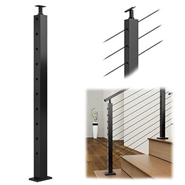 Muzata Cable Railing Post 36"x2"x2" Stair Post 30°-drilled Angle Holes Stainless Steel Black Powder Coated Top Mount Wood Concrete Angle Stairs PS01 BA4S, PT1 PT2