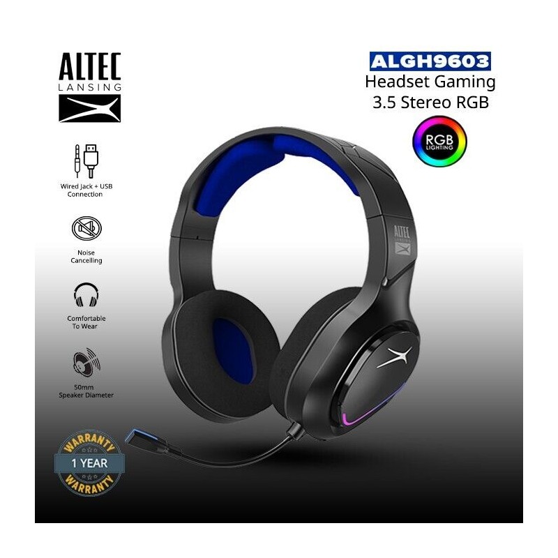 Altec Lansing ALGH9603/led wired gaming headset, (BLACK w/LED), NEW