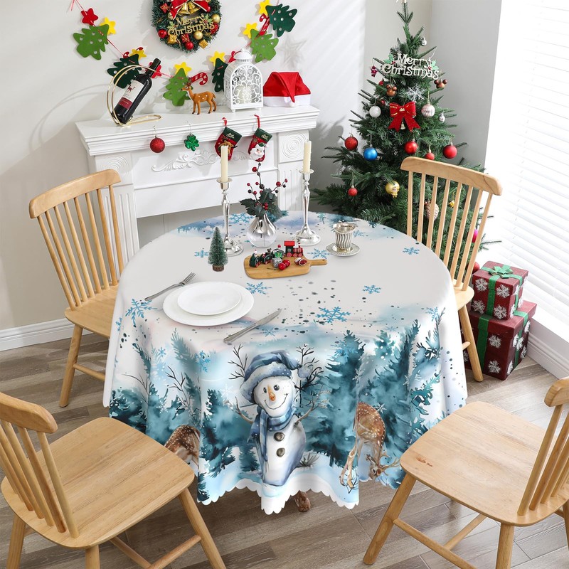 Round Christmas Tablecloth 60 inches - Snowman Christmas Decorations for