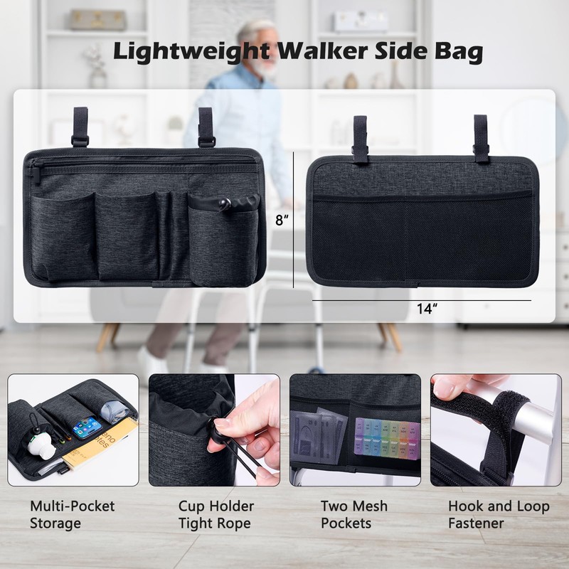 2 Pack Walker Side Bag, Basket for Walker w/Cup Holder