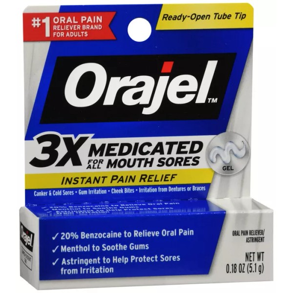 ON CONTAINER ORAJEL 3X MEDICATED MOUTH SORE GEL .18OZ