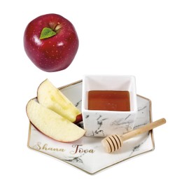 Rite Lite Hexagon Shaped Porcelain Apple & Honey Dish Set for Rosh Hashanah Shana Tova - Rosh Hashanah Holiday Gift
