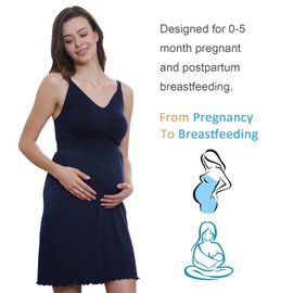 iLoveSIA Nursing Dress for Breastfeeding – Wire-Free Maternity Nightdress Nightgown with Built-in Bra, Adjustable Straps, Removable Pads, Soft 4-Way Stretch Fabric Deep Blue Size XXL