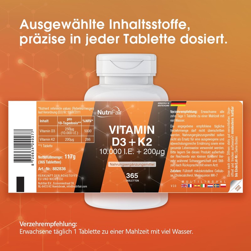 Nutrifair Vitamin D3 + K2, 365 Tablets, Swallow-friendly, 10,000 IU