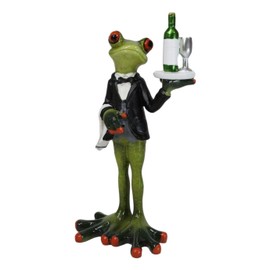 Ebros Gift Green Toad Frog Silver Service Butler Waiter Staff Carrying Tray of Wine Bottle and Glass Figurine 7" H Amphibian Toads Frogs Pond Rainforest Animal Decorative Sculpture