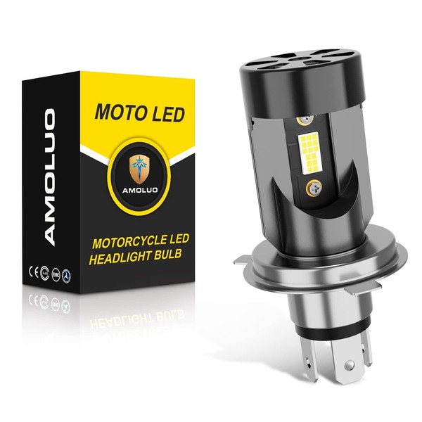 AMOLUO New Integrated H4 Bike LED Headlight HS1 Hi/Lo 25W Compatible with New Vehicle Inspection DC9-18V 6000LM 6000K, Black, 1 Pack