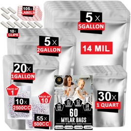 60 Pcs Mylar Bags with 2500cc&500cc Oxygen Absorbers-105 Labels & Stand-Up Reusable 10 &14 Mil 4 Sizes Airtight Smell Proof Resealable Bags with10 Clips-Large Mylar Bags for Food Storage