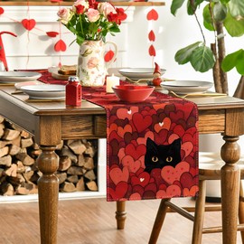 Artoid Mode Black Cats Red Hearts Valentine's Day Table Runner, Wedding Kitchen Dining Table Decoration for Home Party Decor 13x72 Inch