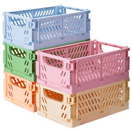 Mavolus 5 Pack Plastic Storage Collapsible Crate Organizer Basket Bin for Organizing Desk Drawer Shelf for Home Kitchen Bedroom Bathroom and Dorm Storage, 9.8x6.5x3.8in, Colorful