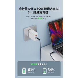 PD Charger, 65 W, USB Type-c Rapid Charger, Ultra Low Temperature, GaNIII Technology, Lightweight, Compact, Simultaneous Charging, Supports PD3.0, QC3.0, PPS, SCP Standards, PSE Certified, Compatible