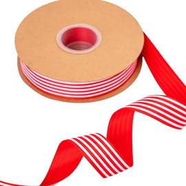 HugeDE 50 Yards 2.5cm Grosgrain Ribbon - Striped, Wired Edge Decorative Craft Ribbon for Christmas - Red, White