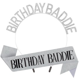 Canitor Birthday Baddie Sash Crown Set Birthday Party Favors Supplies Decorations & Accessories for Women Girl Men Adult Rhinestone Tiara Headband Soft Satin Sash
