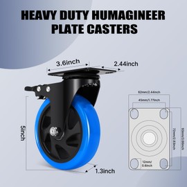 Humagineer 5 Inch Casters Wheel Set of 4, 2200 Lbs Heavy Duty Casters, Safety Locking Industrial Casters with Brake, No Noise Plate Wheels for Cart, Workbench, Furniture (Free Hardware Kits)