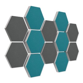 platino24 Acoustic Panels 12 Elements Colour Honeycomb Diameter 30 cm Granite Grey + Petrol I Sound Absorber Made of Basotect® G+ with Acoustic Felt I Sound Insulation Wall & Ceiling I Acoustic