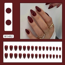 Red Press on Nails Medium Almond Fake Nails with Designs Dark Red False Nails Press ons Glossy Gel Acrylic Nails Deep Red Artificial Nails Kit Almond Shaped Stick on Nails for Women 24Pcs