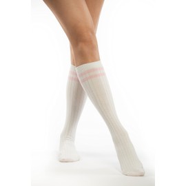 SERICI Knee Socks | 4 Pairs Striped Cotton Knee High Socks For Women | Tube Socks for girls (White w Pastel Stripes)