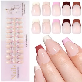 150pc Multicolor French Tips Press on Nails Short Coffin Fake Nails with Glue Tabs, Pale Nude Short Nails Press ons Nail Coffin Nail Tips French Acrylic Glue on Nail Artificial Fingernail for Women