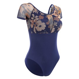 FYMNSI Women's Ballet Leotard Ballet Body Dance Body Leotard Short Sleeve Floral Pattern Mesh Leotard Padded Backless Leotards, darkblue