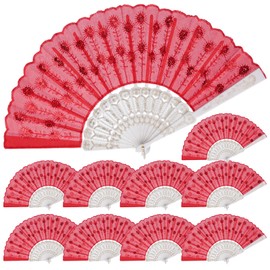 QIRMIZI 10 PACK Fabric Folding Handheld Fans, Perfect for Weddings, Parties, and Dancing,Red