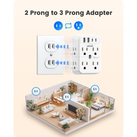 LENCENT 2 Prong Power Strip, 3 to 2 Prong Outlet Adapter, 2 Type C&2 USB, Surge Protector, Polarized Plug, 3-Sided Wide Spaced Extender, Wall Tap Splitter for Non-Grounded Outlets in Old House