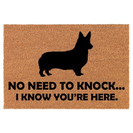 Coir Doormat Front Door Mat New Home Closing Housewarming Gift No Need to Knock I Know You are Here Funny Corgi (30" x 18" Standard)