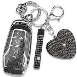 Simocky Key Fob Cover with Heart Keychain, Girly Car Key Shell Case for Women, Compatible with Ford Fusion Mustang F150 Edge Explorer Lincoln MKZ MKC MKX Smart Remote Key Protector (5 Buttons-Black)
