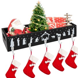 HPC Decor Christmas Stocking Holders,Decorative Wooden Box with 5 Hook Stockings Hangers Christmas Decoration for Fireplace Mantel Wood Organizer Storage for Christmas Holiday Festival.(Black)