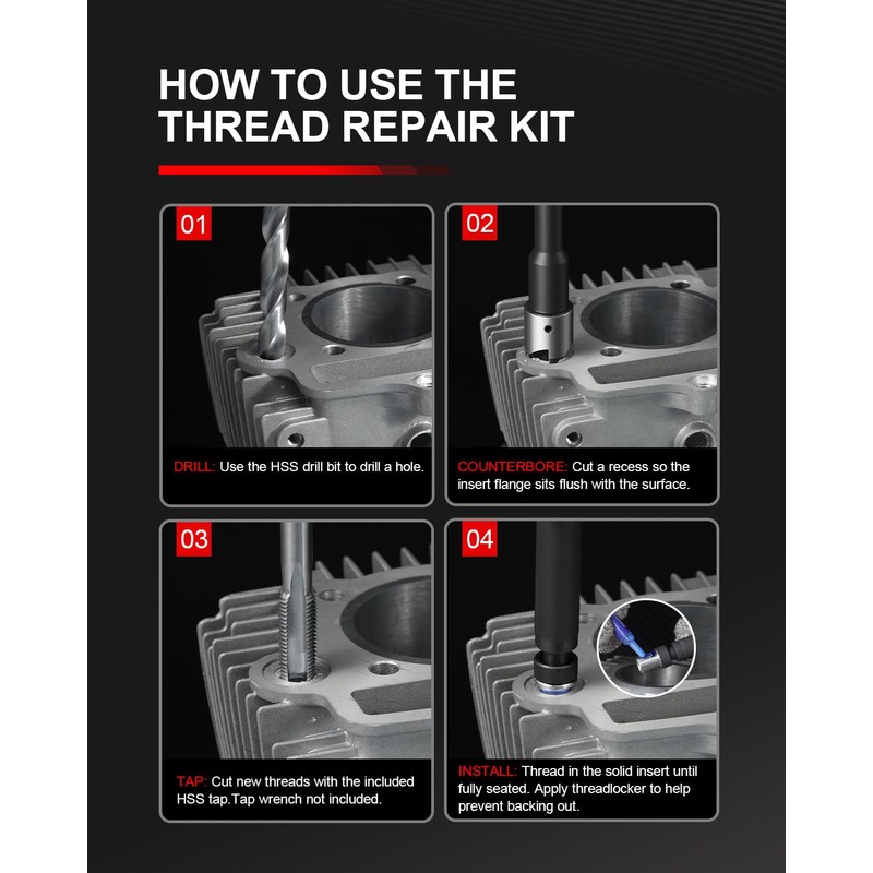 M14x1.5 Thread Repair Kit, 10 Solid 304 Stainless Steel Inserts