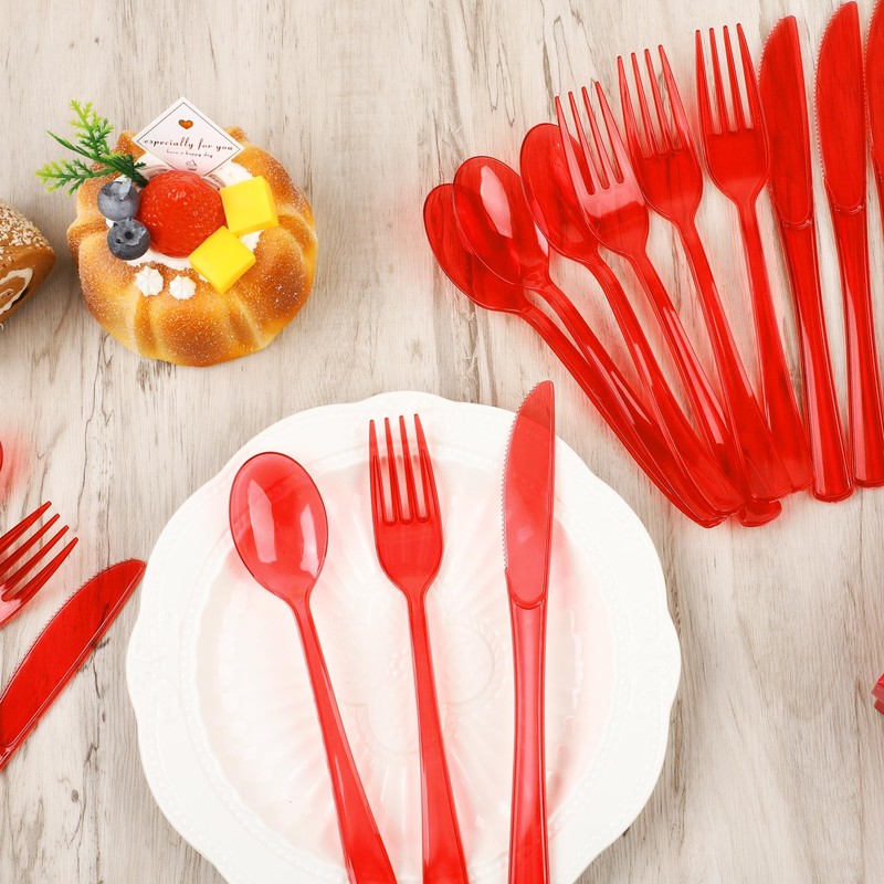 300 Piece Clear Red Plastic Silverware Disposable Plastic Cutlery Party