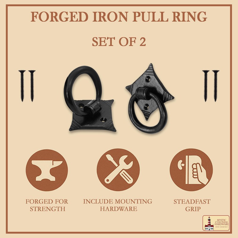 Mystic Colonial Cast Iron Colonial Ring Pull Handle, Black, Set