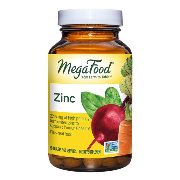 MegaFood Zinc - Immune Support Supplement - High Potency Fermented Zinc Supplements with Nourishing Food Blend - Vegan, Non-GMO, Gluten-Free, and Kosher - Made Without 9 Food Allergens - 60 Tabs
