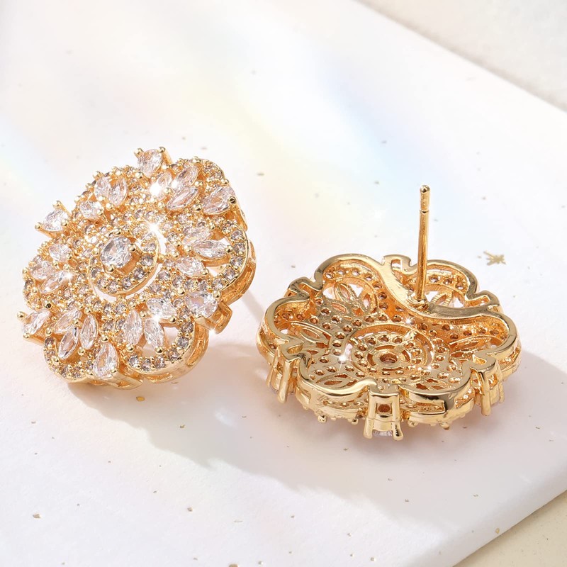 Women's Gold Earrings, AAAAA Zirconia, Popular, Hypoallergenic, Round, Earrings, For