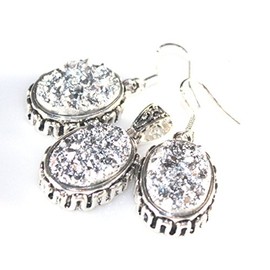 SILVER Vintage Style Shiny Silver Titanium Druzy Oval Pendant & Earrings Jewelry Set