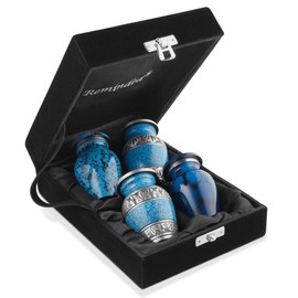 Reminded Small Cremation Urns for Human Ashes, Mini Keepsake Set of 4 Blue and Silver with Velvet Case