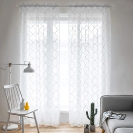 Sheer Curtains White 95 Inches Long, Window Treatments Rod Pocket Drapes for Living Room, Bedroom, Embroidered Moroccan Tile Lattice Design Semi Voile Curtain Panels for Parlor, Set of 2, 52"x95".