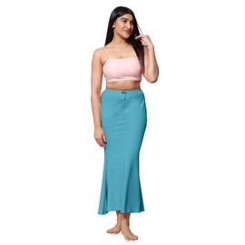 Jaanvi Natural Organic Cotton Fish Cut Saree Shapewear Petticoat Skirt Comfort Underskirt InRock (Side Slit), sky blue