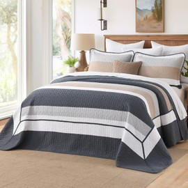 DDUOXIN Oversized Queen Bedspread - 102" W x120 L Extra Wide 100% Cotton Oversize Quilt, Modern Stripe Lightweight Coverlet Bedding Set, California Quilts with 2 Pillow Shams, Brown/Blue/Gray/White