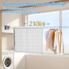 IHKFILAN Retractable Clothesline Indoor, Stainless Steel Retracting Washing Line, Non-Sagging Outdoor Clothes Line 210 Inch, Grey Wall Mounted Clothesline