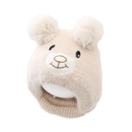 Slip-On Hat Baby Children - 1 Piece Warm Cute Bear Baby Hat Winter Hat Baby Scarf Hat Kids Knitted Hat with Bobble Fleece Lining Beanie Hat for Boys Girls Winter Hat Children, Beige, beige