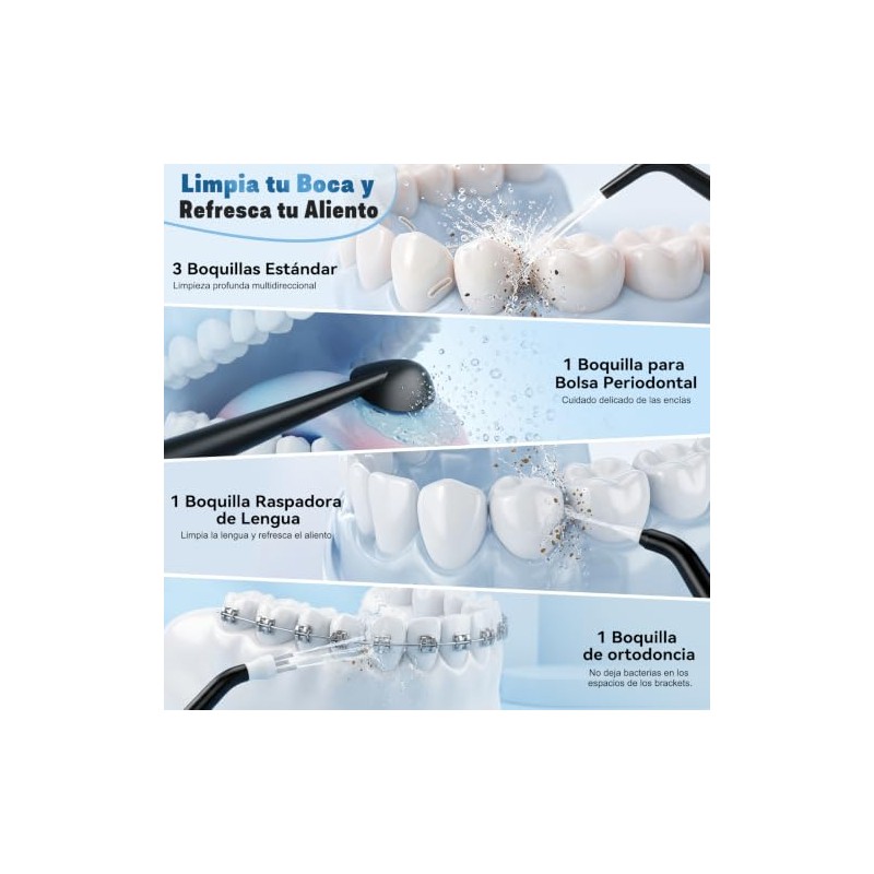 Irrigador Bucal Portatil, 6 Puntas y 3 Modos, 350ML, Limpieza