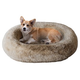 Cozzze Orthopedic Calming Dog Bed for Large Dogs, Anti Anxiety Pet Bed with Supportive Foam, Removable Washable Oval Bed, Fluffy Dog Cuddle Bed, Beige
