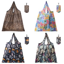 JSTHHTT 4pcs Foldable Reusable Shopping Bag, Washable Grocery Bags, Shopping Cloth Bags with Cat Print, Groceries Tote Bags for Daily Shopping Loading